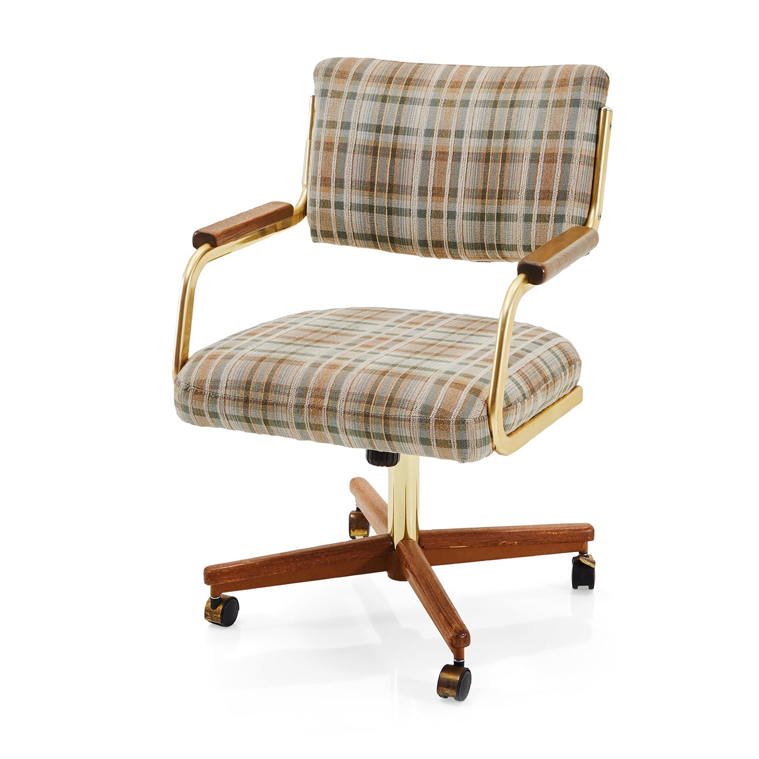 Rolling Office Chair Tan Plaid with Brass Frame Base