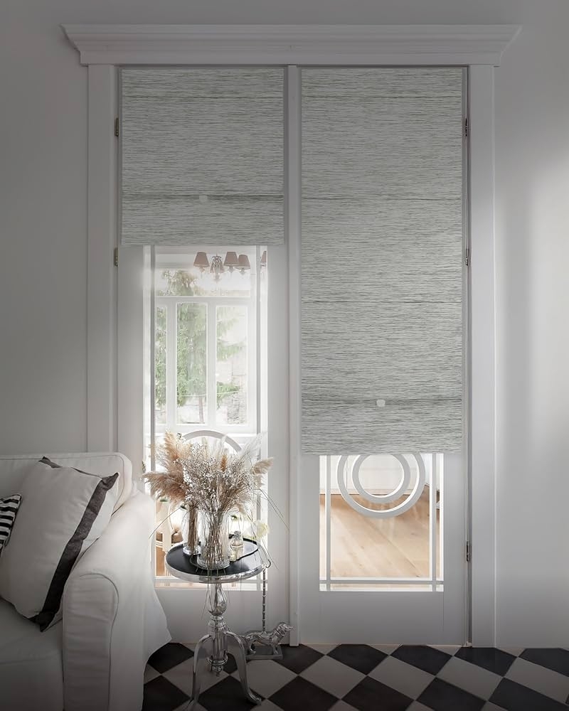 Roman Shade for French Doors with Woven Texture Design