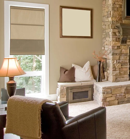 Roman Shade for Stone Fireplace with Tan Magnetic Blinds