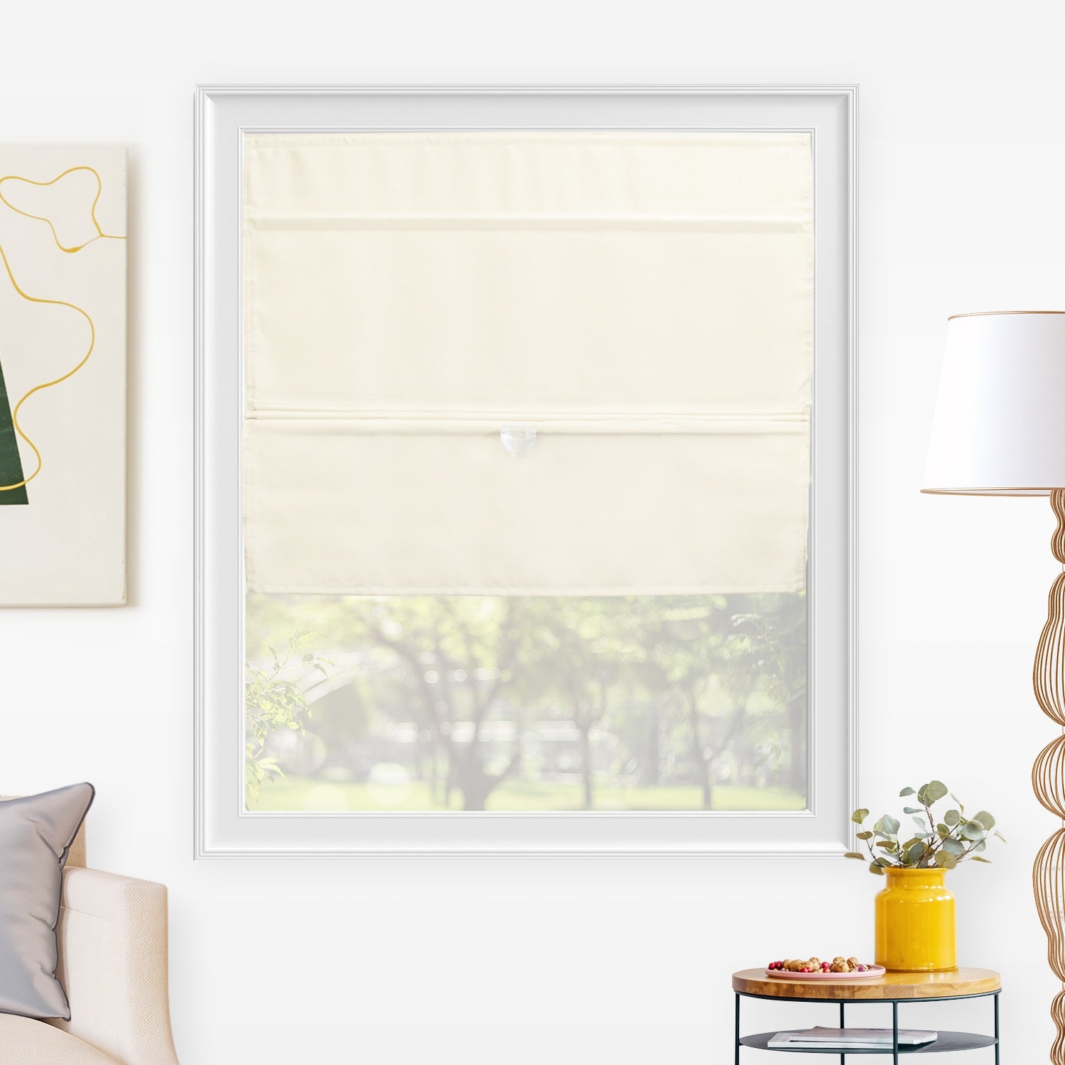 Roman Shade in Ivory White with Cordless Lift and Folds