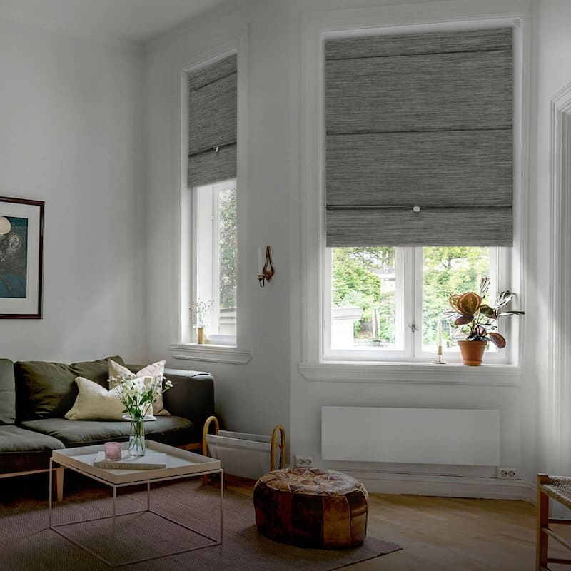 Roman Shades featuring Iron Grey Woven Fabric and No Drill