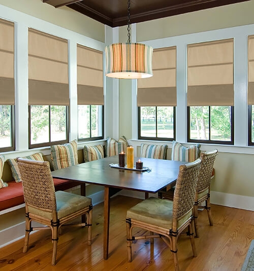 Roman Shades in Warm Tan with Cordless Magnetic Folds