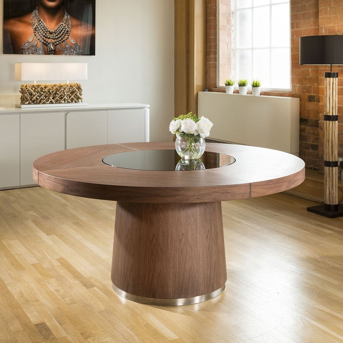 Round Dining Table having Conical Pedestal Base and Wood Grain