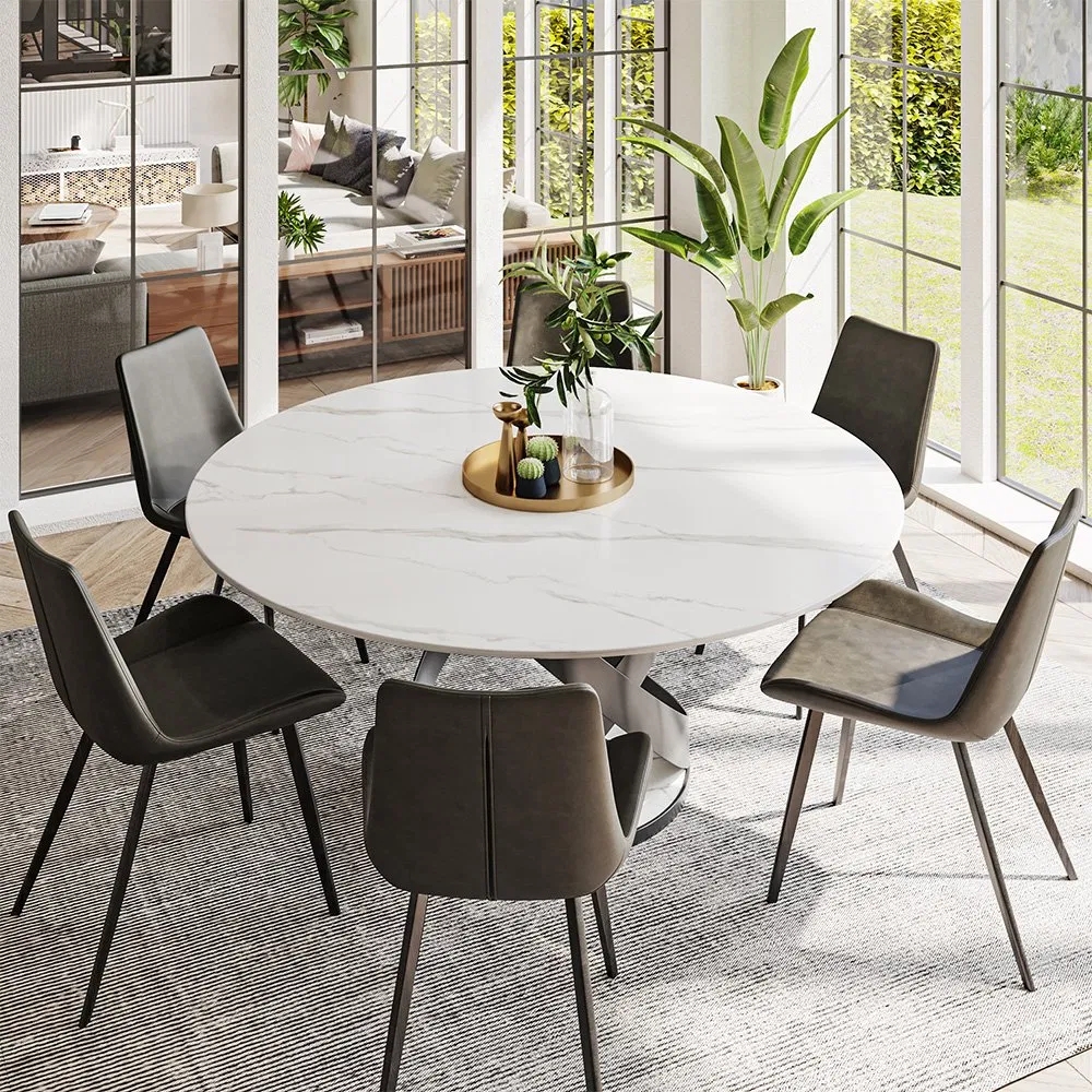 Round Dining Table Using Sculptural Intersecting Base and Stone