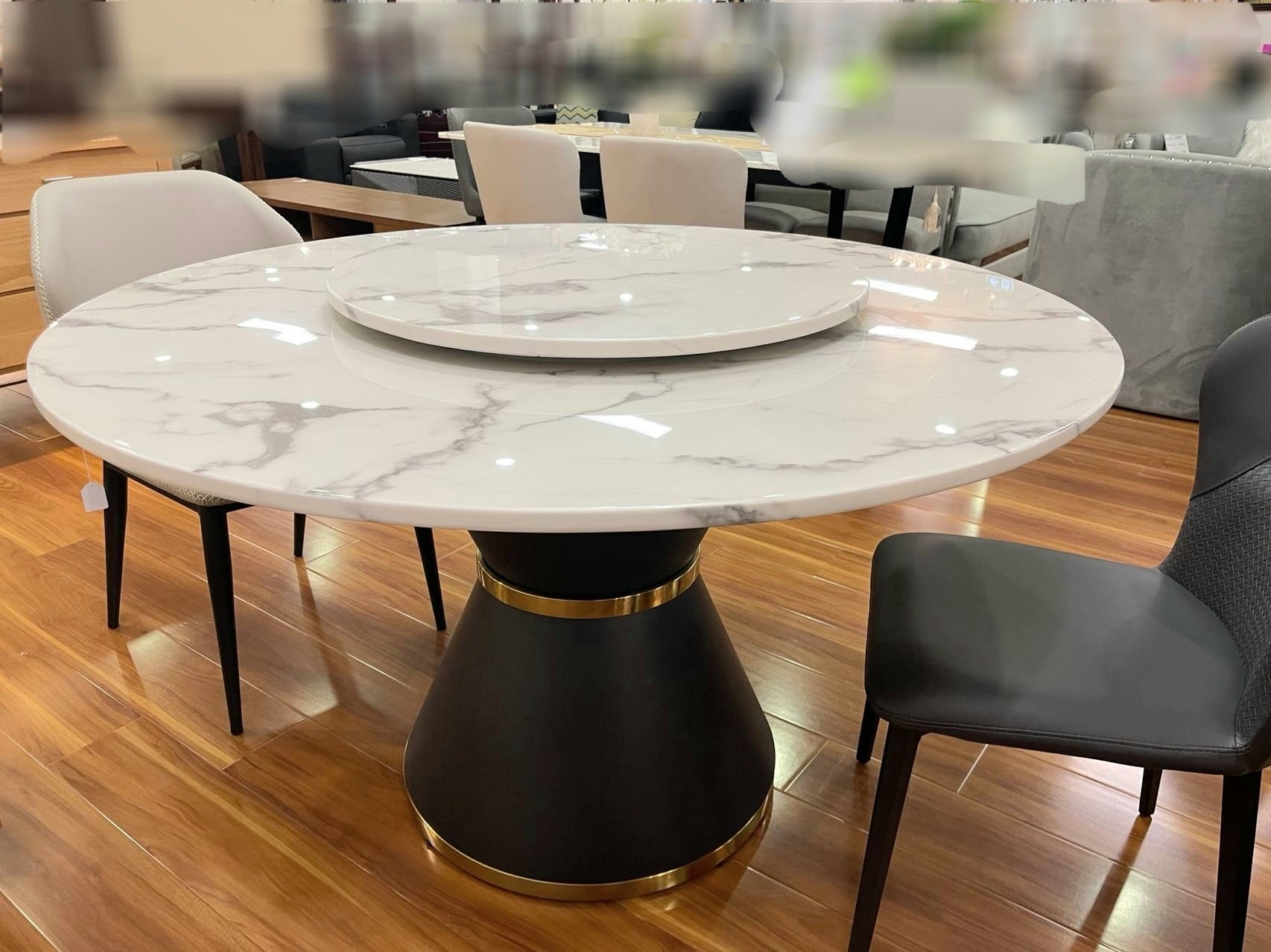 Round Dining Table with Conical Pedestal and Gold Ring Detail