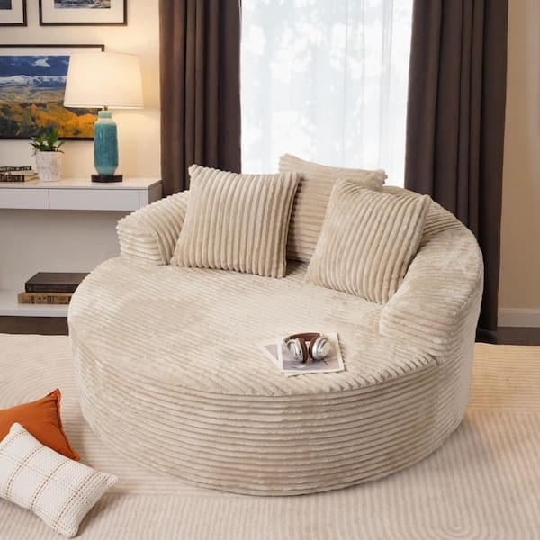 Round Lounge Chair: Beige Wide Ribbed Texture and Silhouette