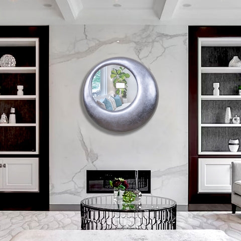 Round Mirror Sculptural Frame Silver Finish Modern Art