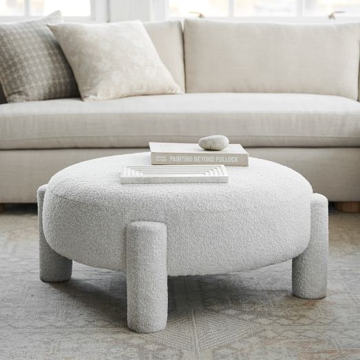 Round Ottoman Chunky Legs: Chunky Leg Ivory Footstool in Boucle