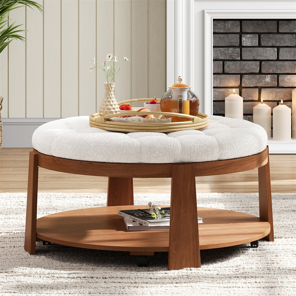 Round Ottoman Coffee Table: Ivory Storage Ottoman with Wheels