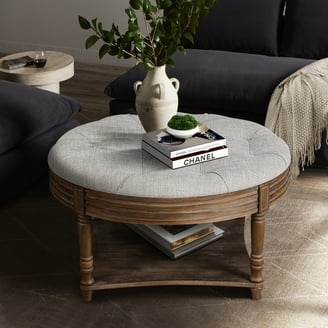 Round Ottoman Grooved Apron: Round Tufted Ottoman Coffee Table with Shelf