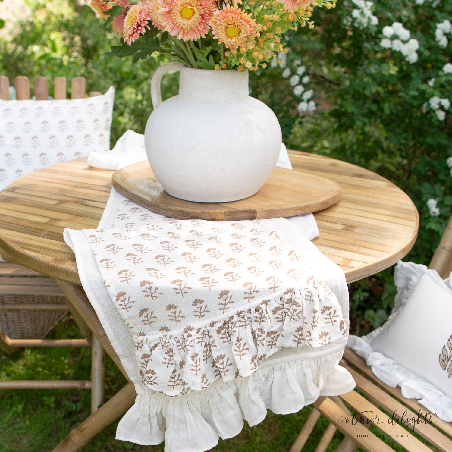 Ruffled Table Runner: Block Print Cream Terracotta