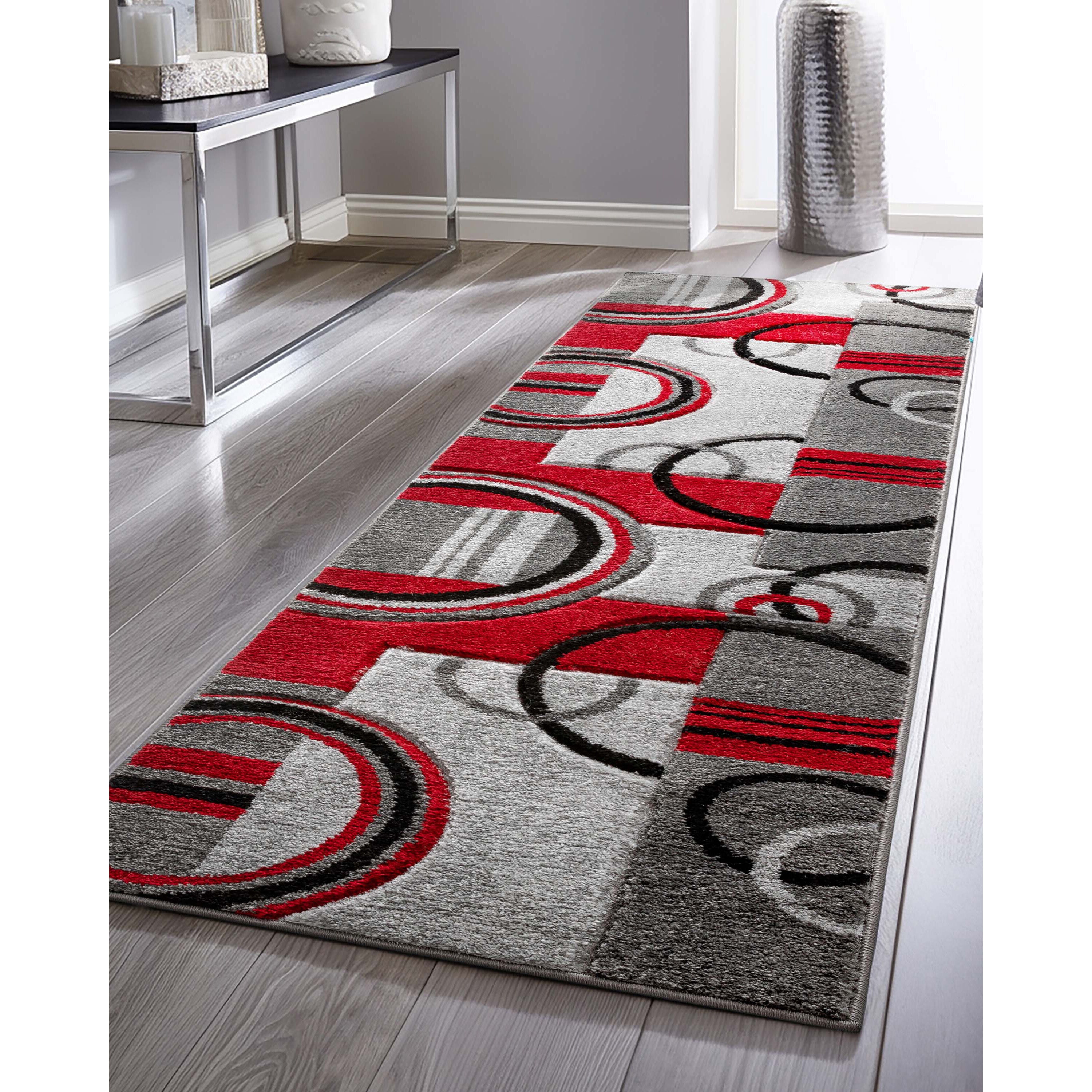 Runner Rug Bold Red Circular Motifs Asymmetric Grey Base
