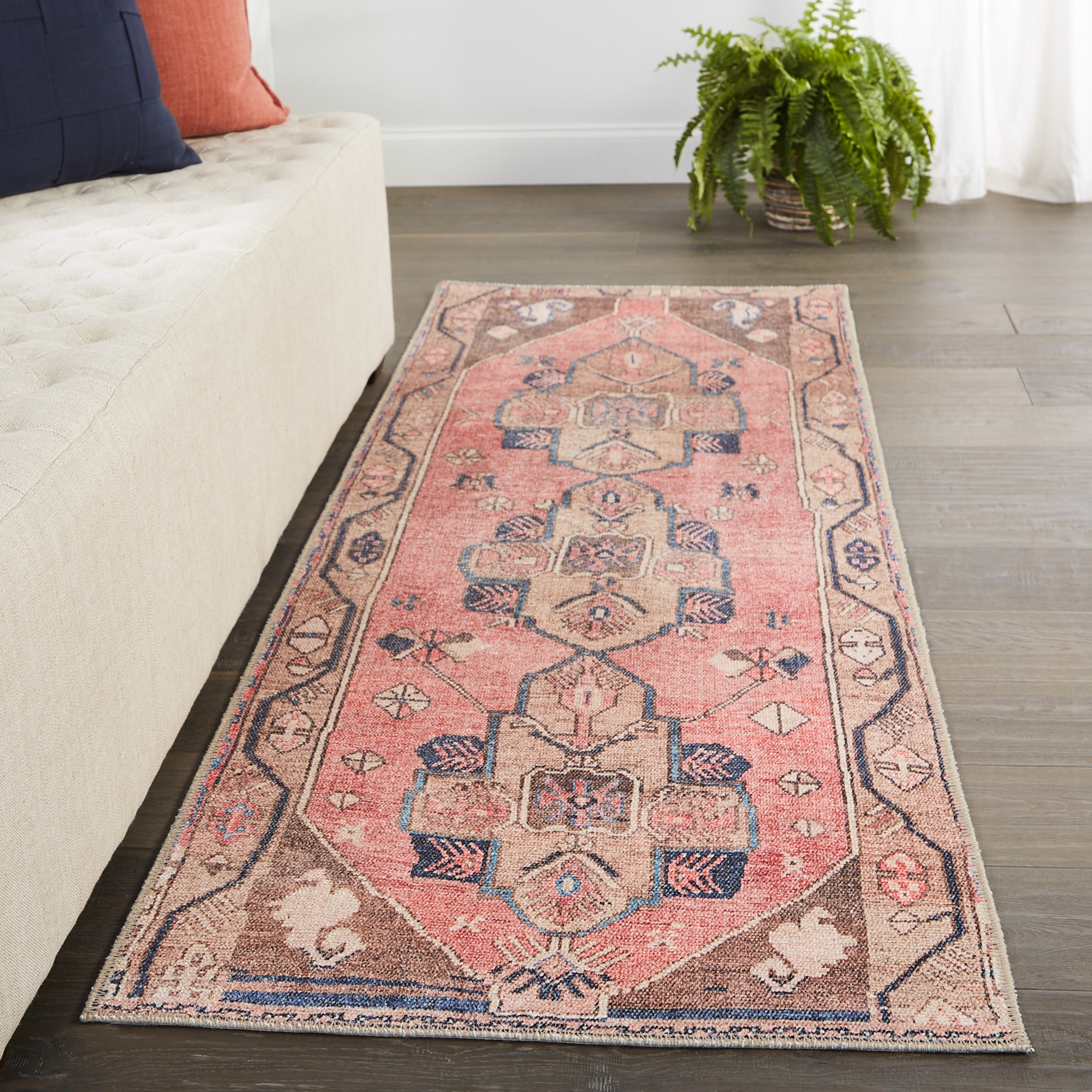 Runner Rug Fringeless Edges Dusty Medallion Distressed Boho