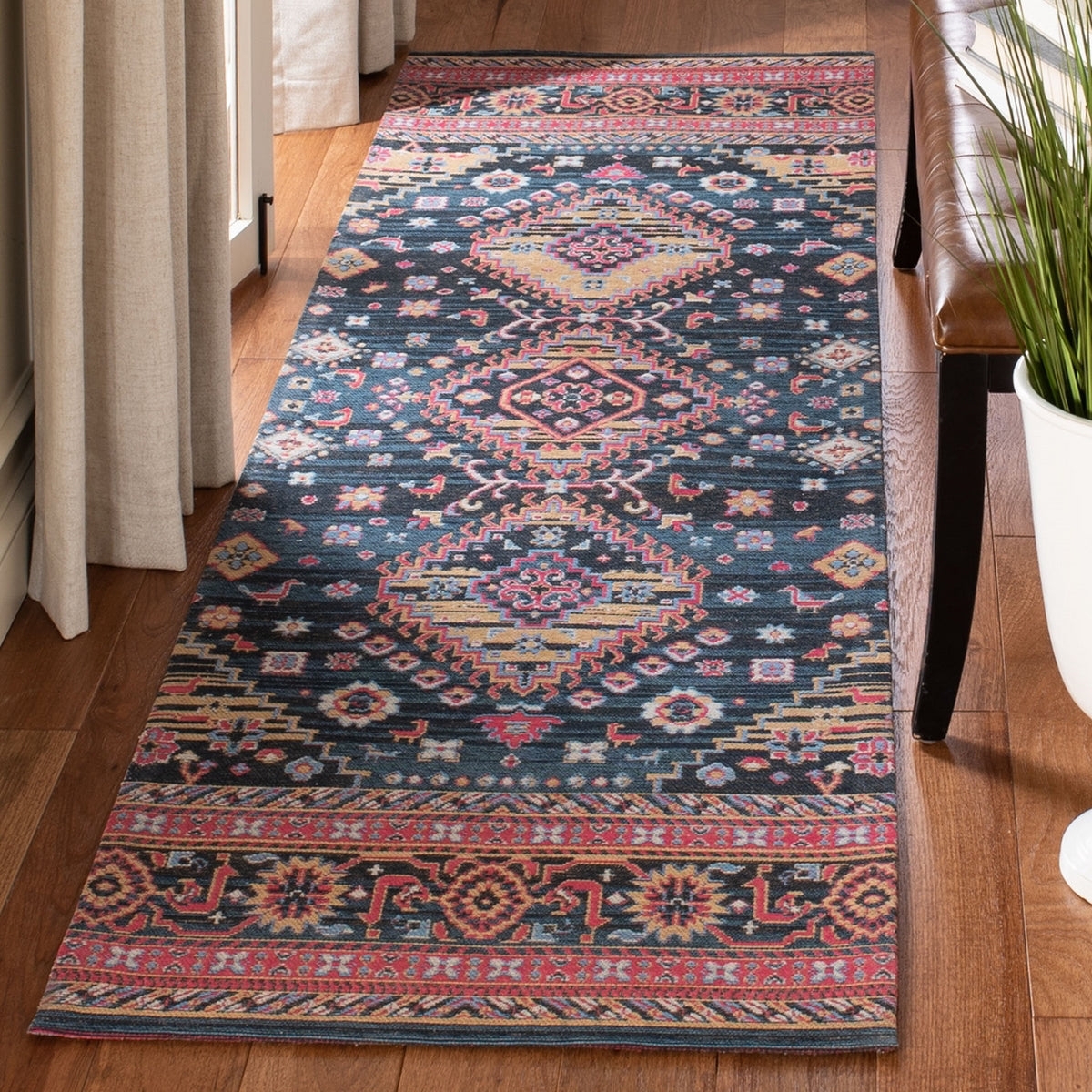Runner Rug Geometric Medallions Navy Vibrant Hallway Rug