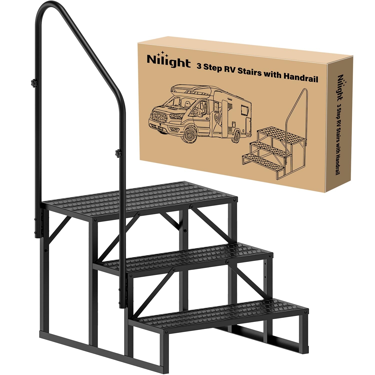 Rv Stairs - 3-Step Design Diamond Plate Portable Camper Steps