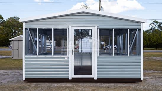 Screen Room Gabled Roof Slate Blue Siding Blue Siding Garden Room