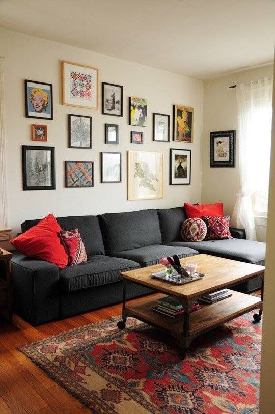 Sectional Sofa: Charcoal Wheeled Coffee Table Red Accents