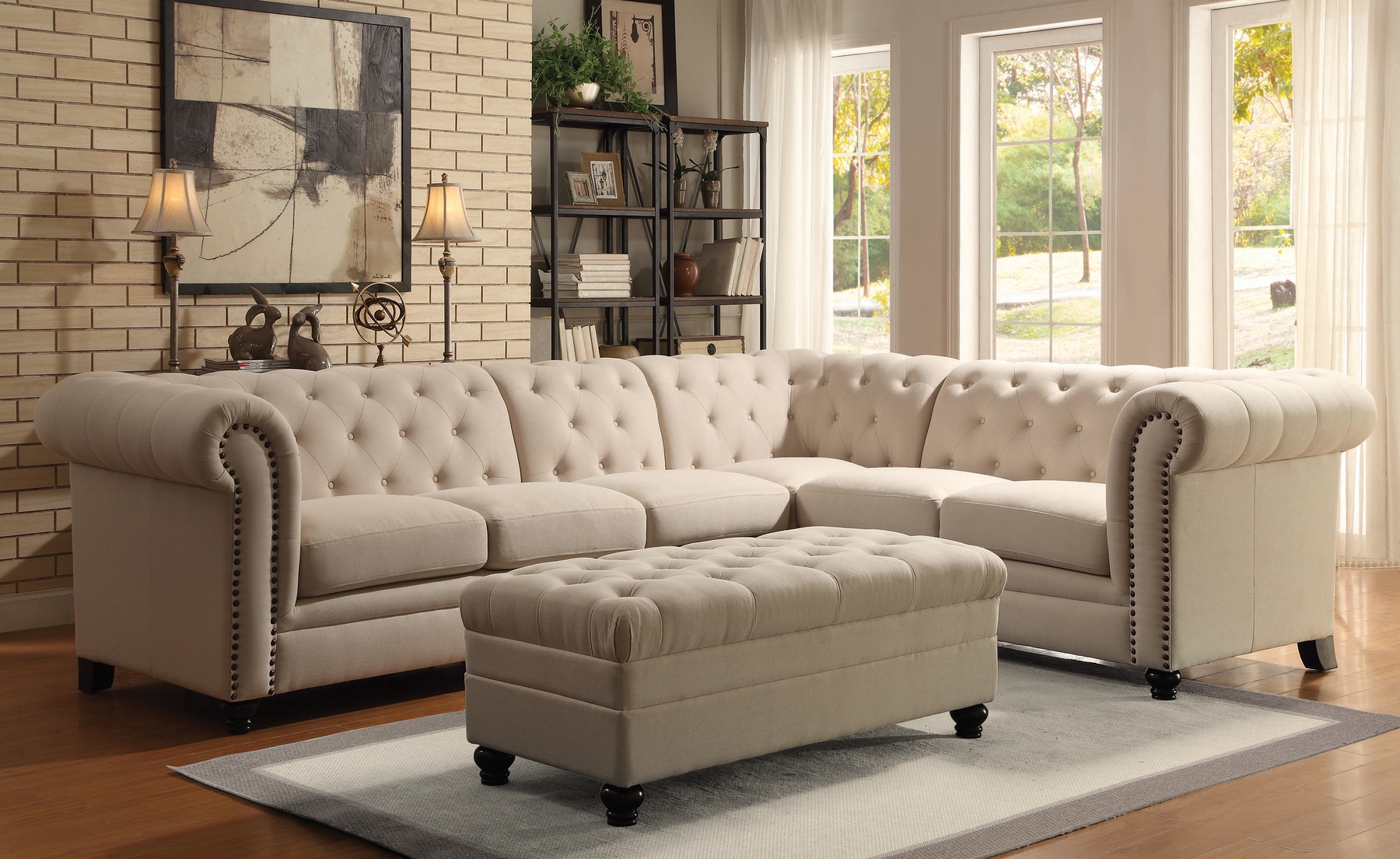Sectional Sofa Deep Button Tufting Rolled Arms Beige