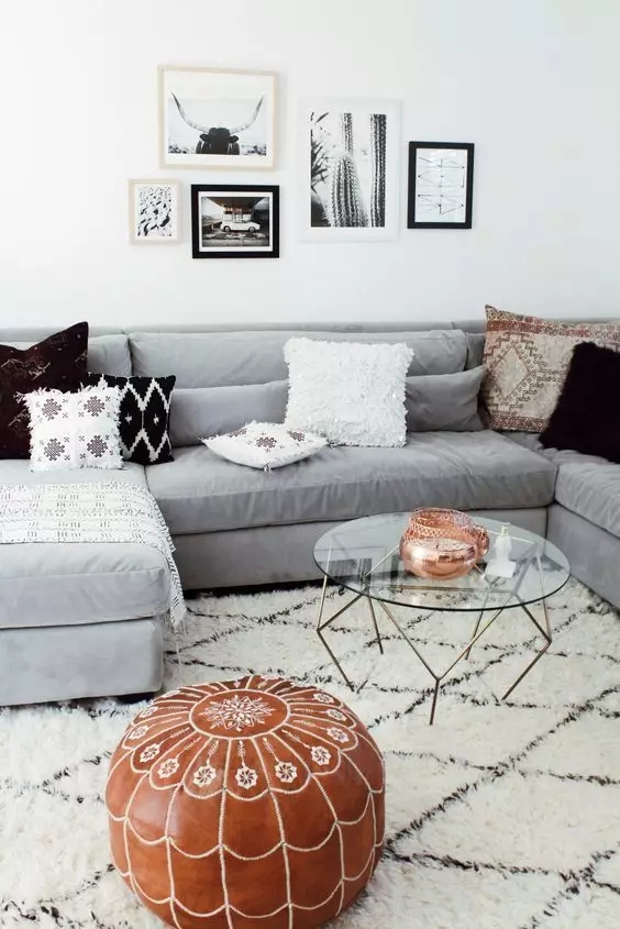 Sectional Sofa: Diamond Trellis Rug Cognac Leather Pouf