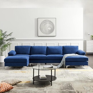 Sectional Sofa Double Chaise Design and Navy Blue Fabric Set