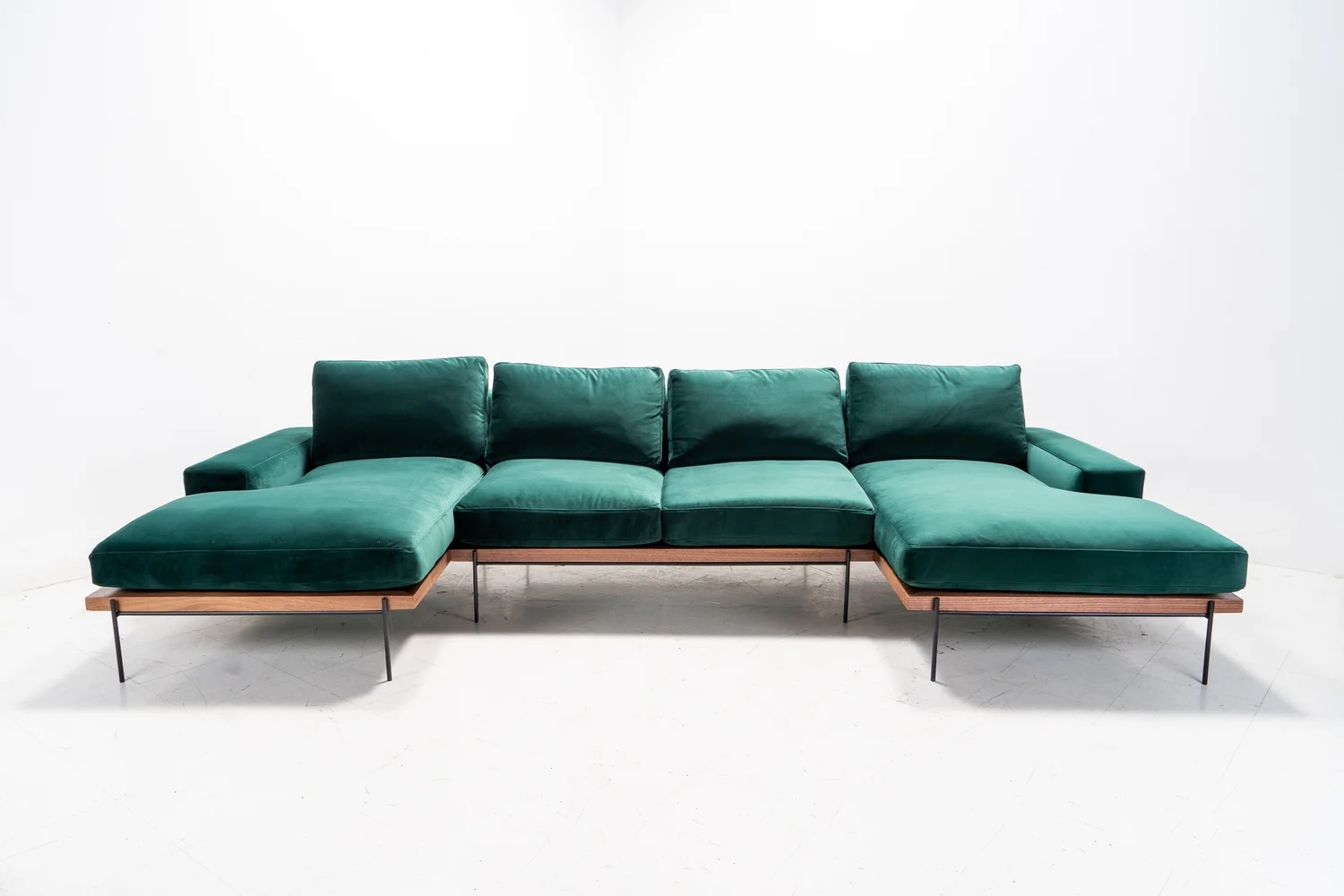 Sectional Sofa Emerald Green Double Chaise Wood Rail