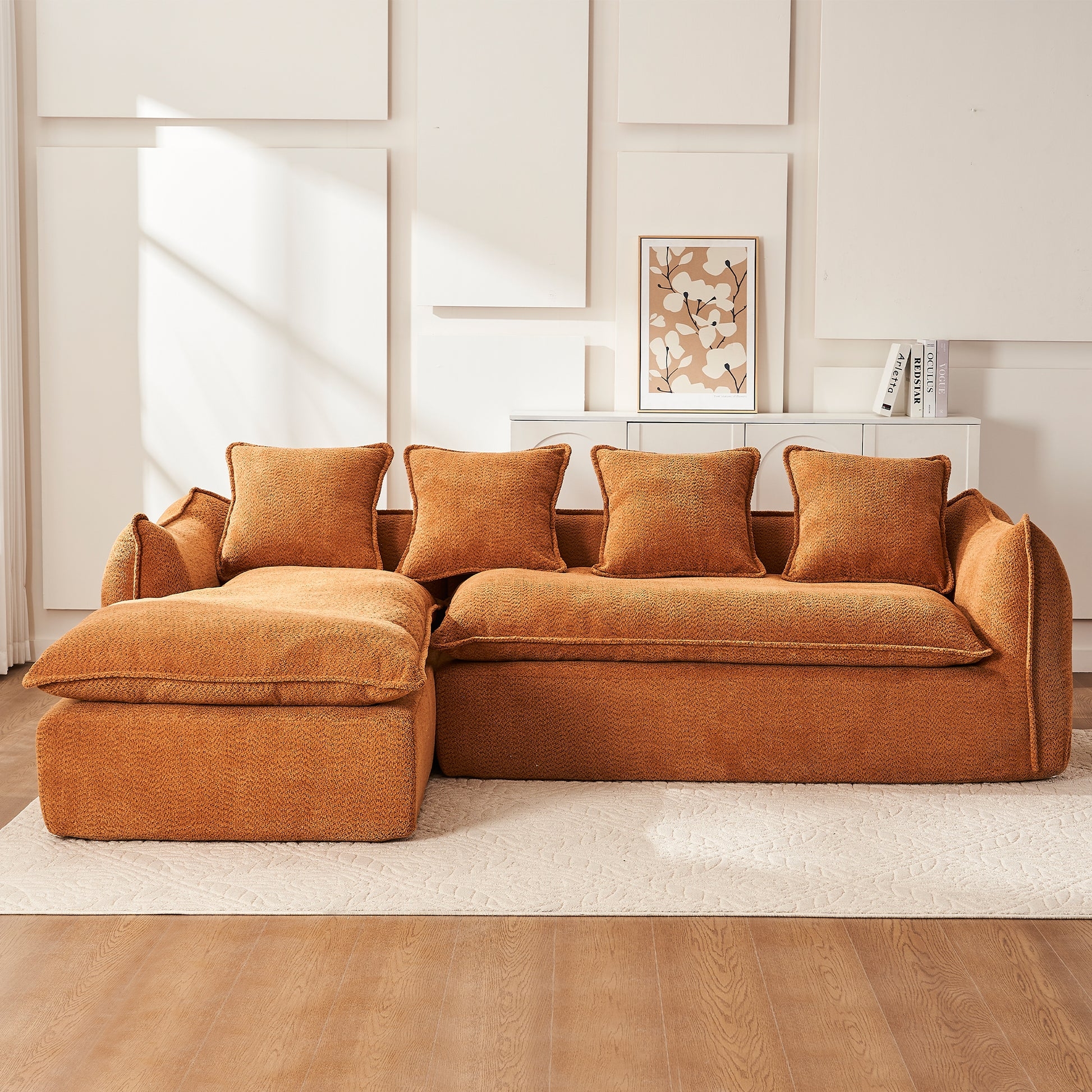 Sectional Sofa in Burnt Orange Fabric with Oversized Chaise