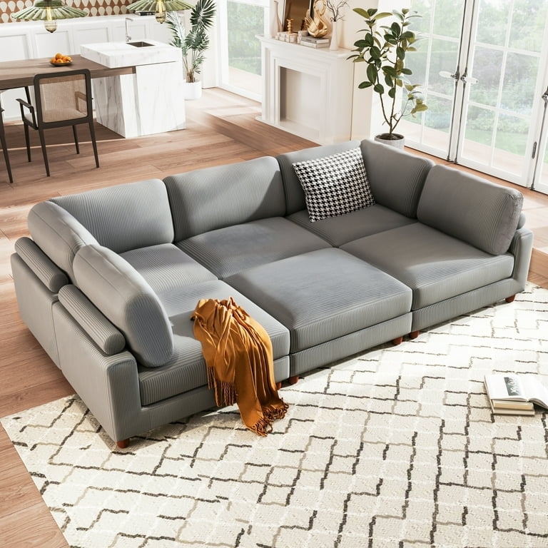 Sectional Sofa in Light Grey Corduroy Ribbing Modular Set