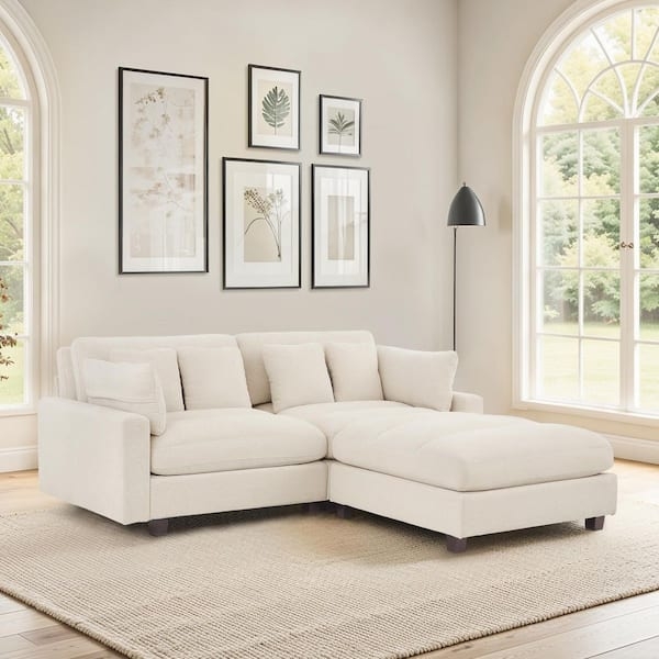 Sectional Sofa in Oatmeal White Chenille with Ottoman