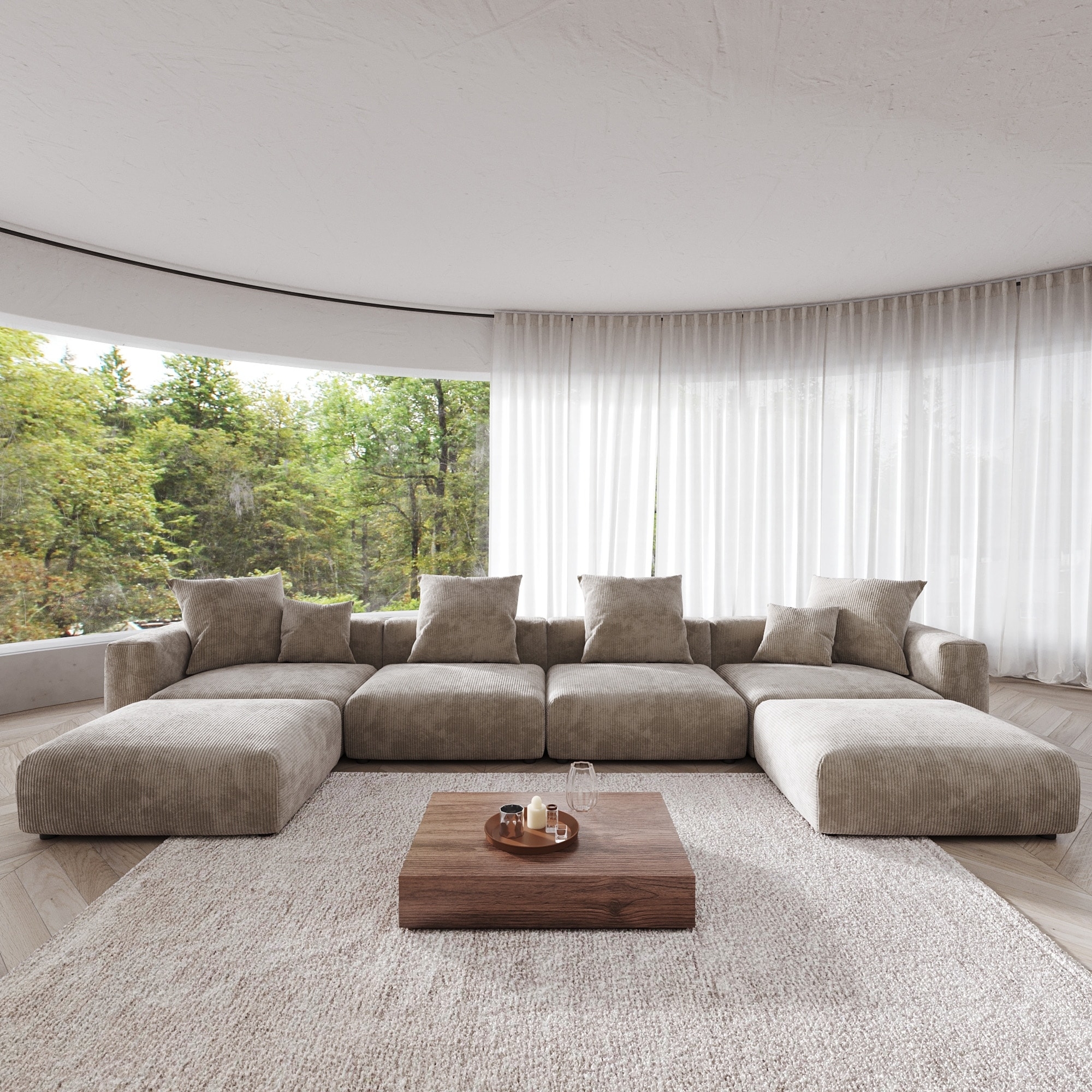 Sectional Sofa in Warm Taupe U-Shaped Corduroy Fabric