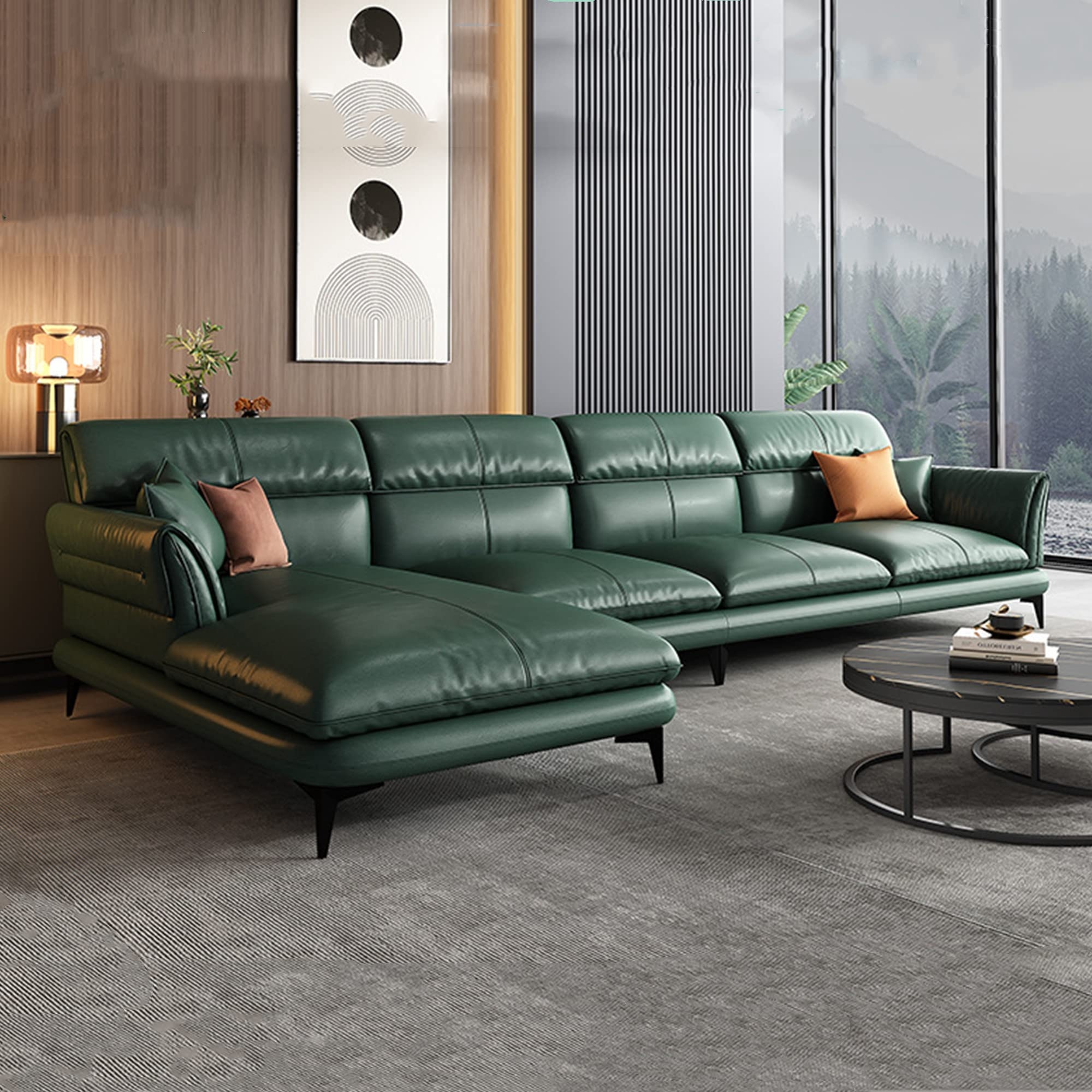 Sectional Sofa L-Shaped Forest Green Tapered Legs Chaise Lounge