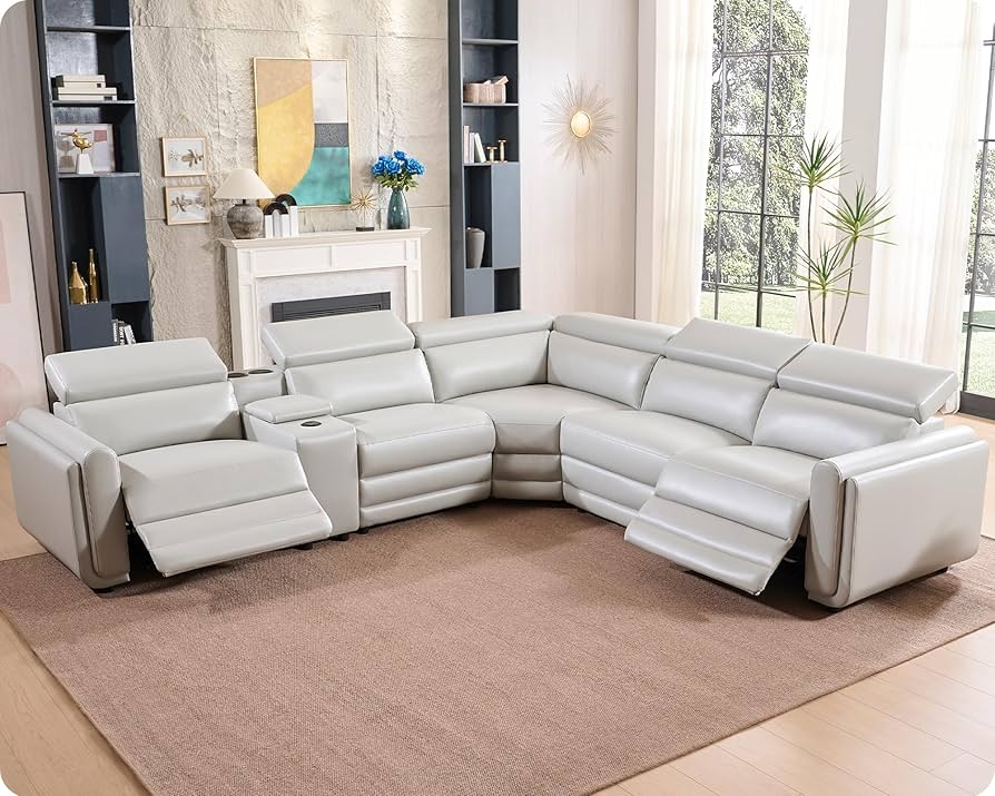 Sectional Sofa: L-Shaped Light Grey Power Reclining Couch