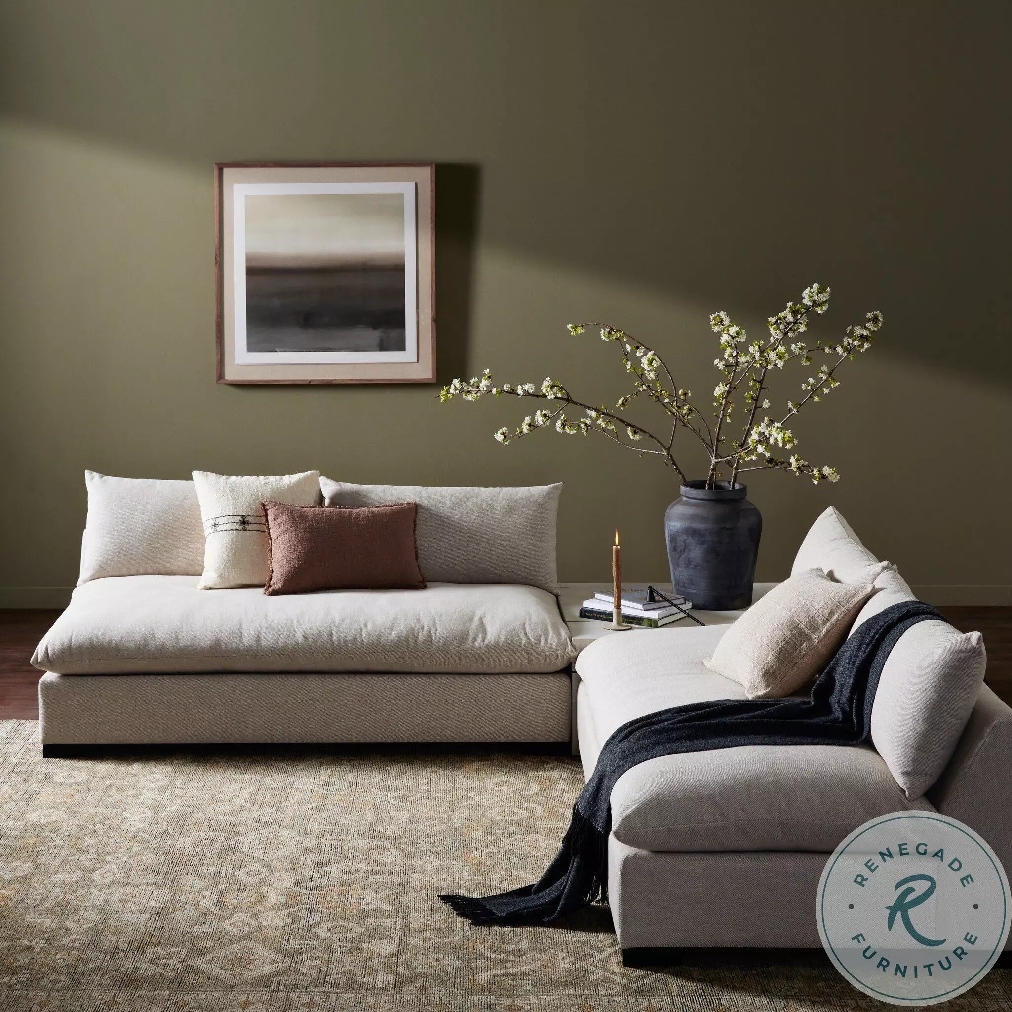 Sectional Sofa Low Profile Overstuffed Plush Fabric
