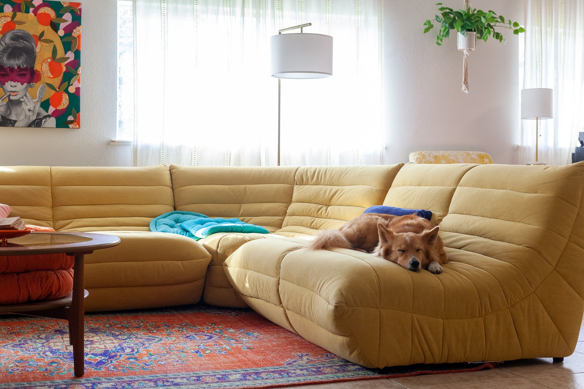 Sectional Sofa: Mustard Yellow Low Profile Channel Tufting