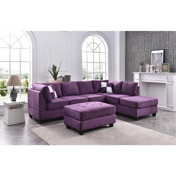 Sectional Sofa - Suede Fabric with Tufted Ottoman Set