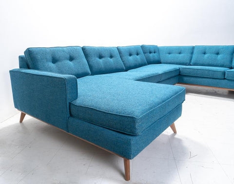Sectional Sofa Teal Blue Button Tufted Back Lounge