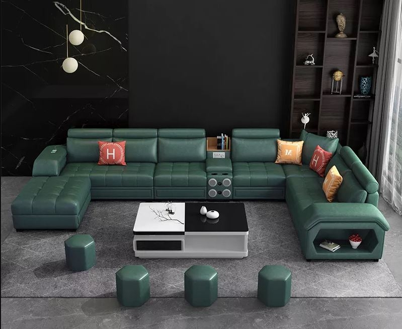 Sectional Sofa Teal Green Integrated Speakers U-Shaped Layout