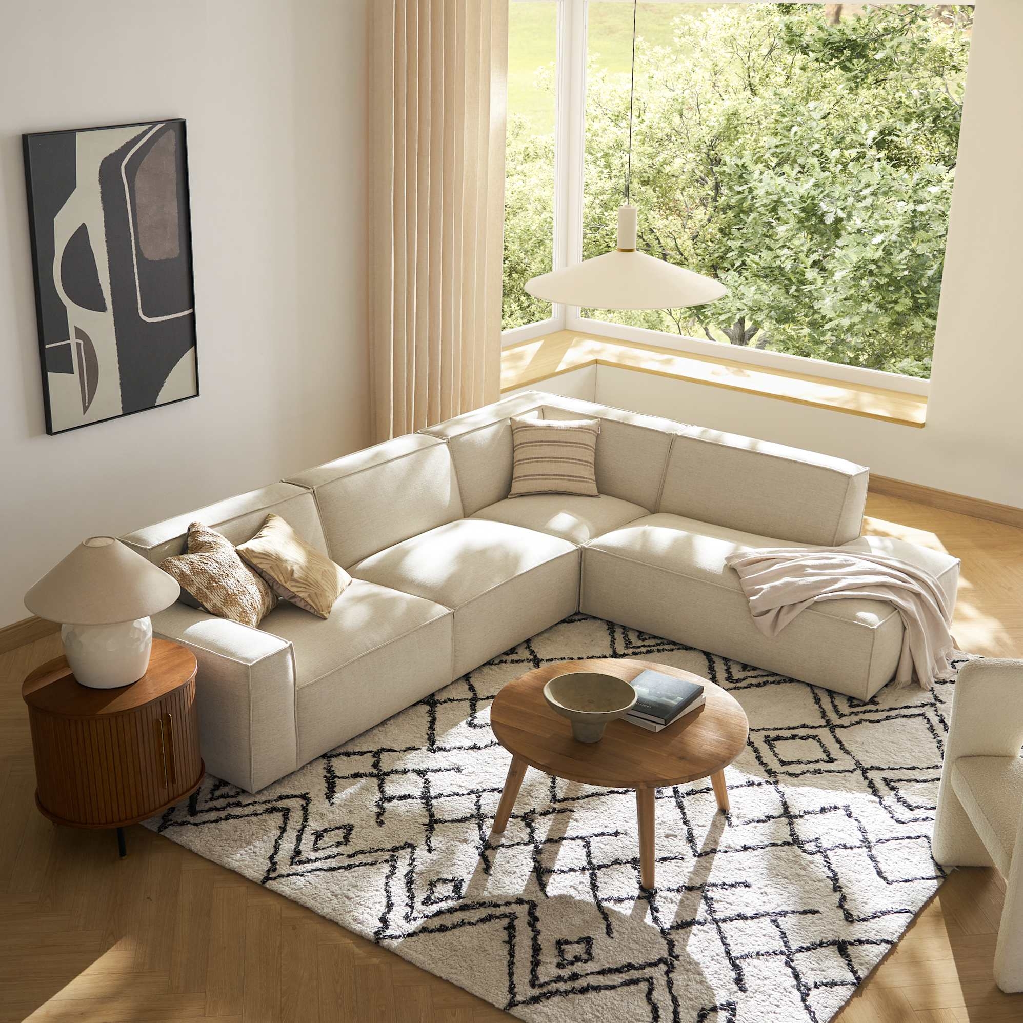 Sectional Sofa with Creamy White Fabric Blocky Silhouette