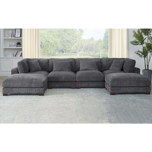 Sectional Sofa with Dark Grey Ribbed Corduroy U-Shaped