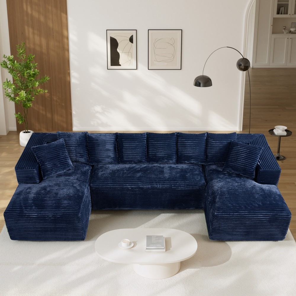 Sectional Sofa with Double Chaise Lounge Navy Blue Ribbed
