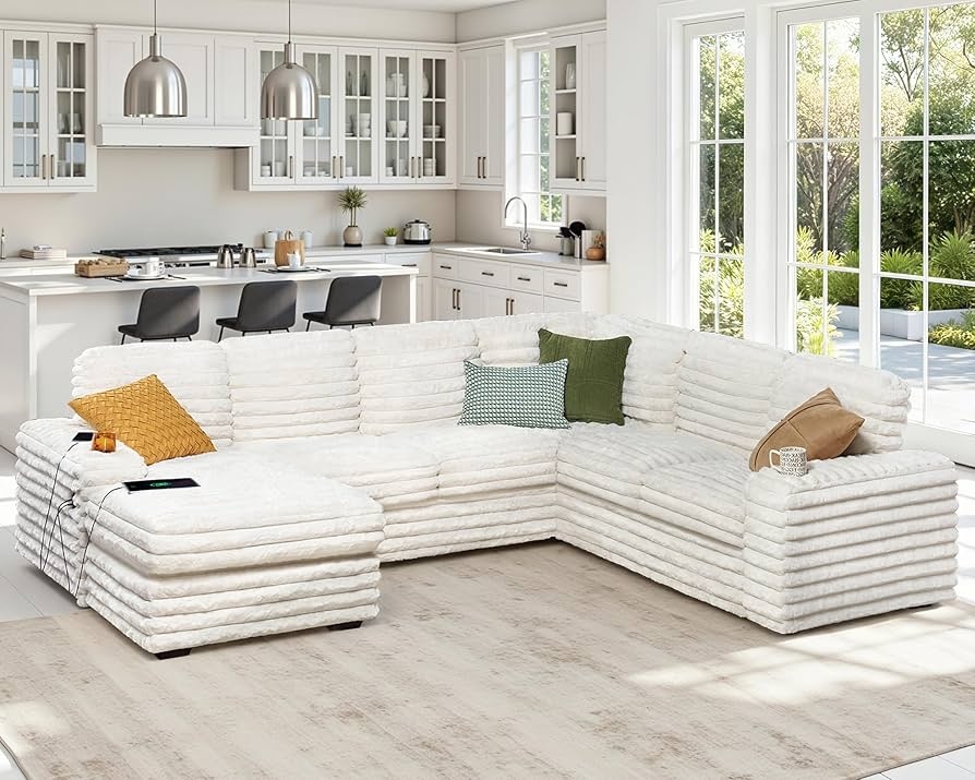 Sectional Sofa with Faux Fur White Texture and USB Ports