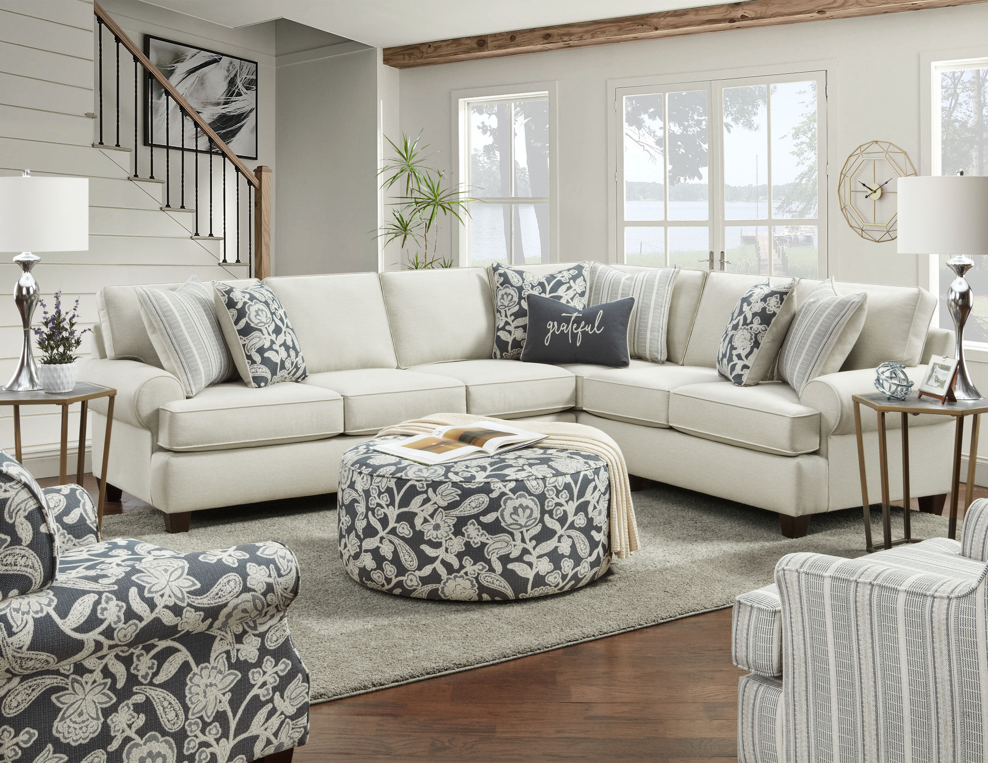 Sectional Sofa with Floral Round Ottoman Navy Floral Ottoman