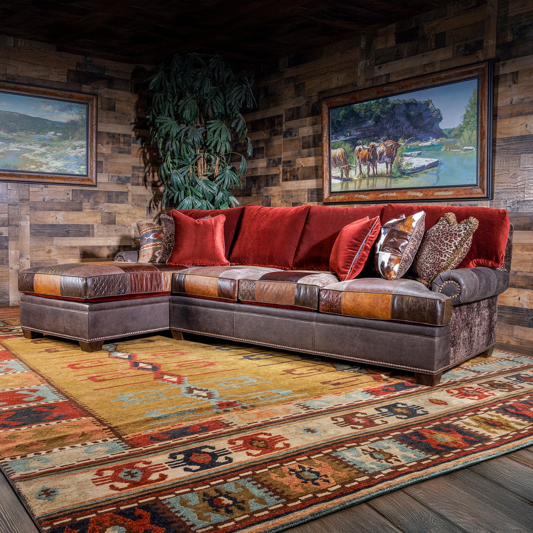 Sectional Sofa with Leather Patchwork Base and Red Velvet