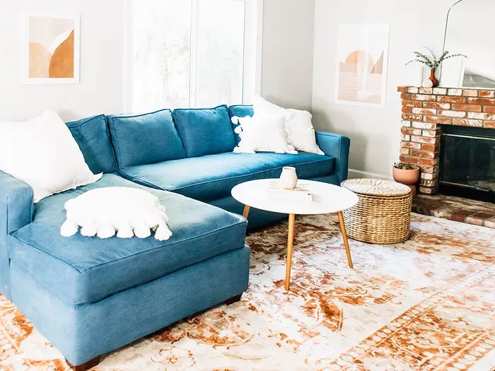 Sectional Sofa With Teal Blue Upholstery And Tapered Wood Legs