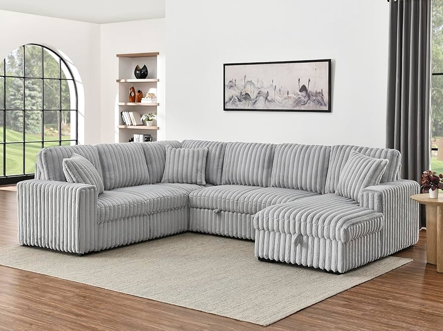 Sectional Sofa with Wide Ribbed Texture Convertible Sleeper