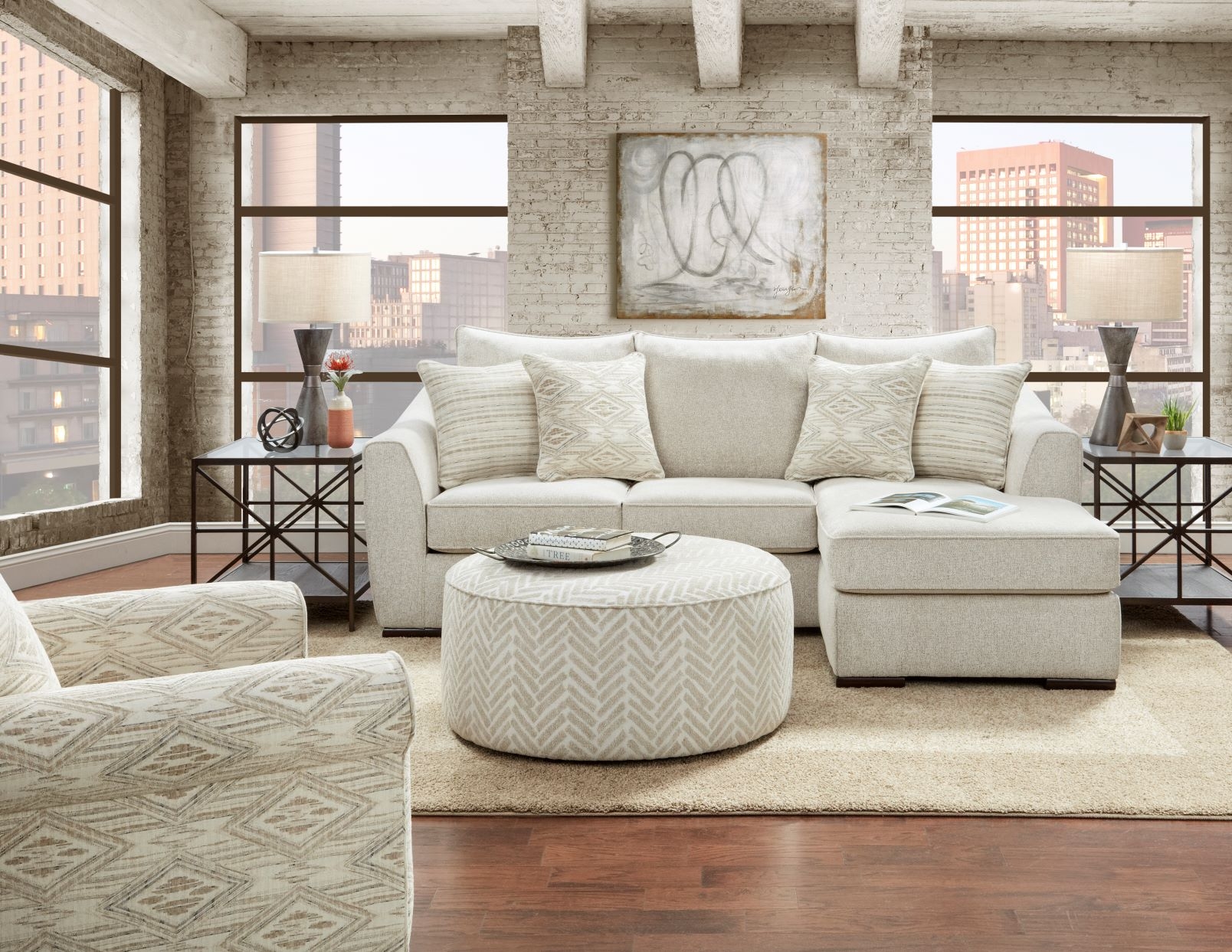 Sectional Sofa with X-Brace Side Tables and Ottoman