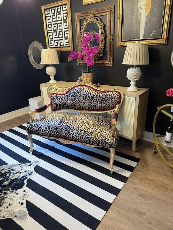 Settee Gold Gilt Frame Burgundy Piping Leopard Print