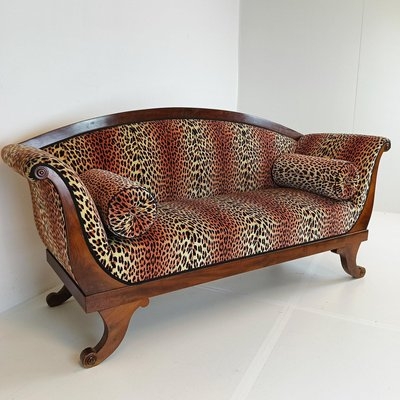 Settee Scrolling Wood Arms Biedermeier Style Animal Print