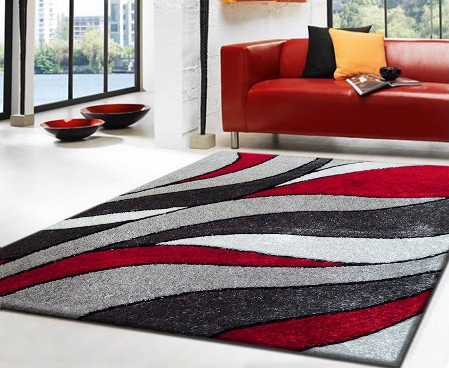 Shag Rug Wavy Pattern Plush Shag Texture Crimson Red