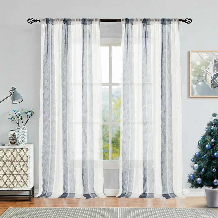 Sheer Curtains: Linen Textured Weaves with Indigo Vertical Stripes