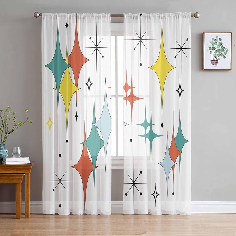 Sheer Curtains Translucent Sheer Teal Green Atomic Starburst Treatment